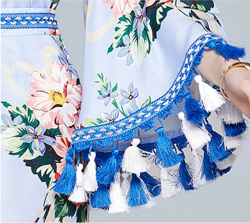 

CBAFU luxury runway tassel two piece set women bohemian flower print tops flare sleeve blouse wide legs shorts set suit F901