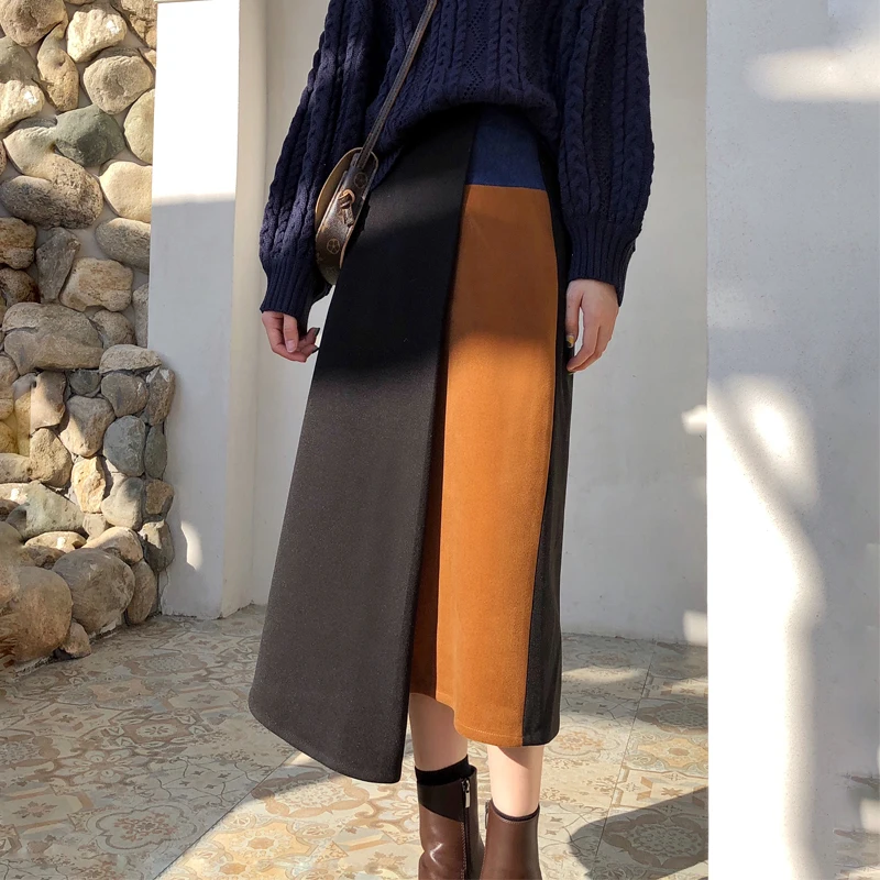 Женская Асимметричная юбка Лоскутная с высокой талией на осень и зиму 2019|Женские
