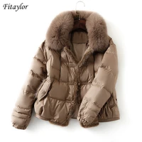 fitaylor winter women real fox fur collar 90 white duck down jacket ladies warm puffer coat female vintage button thick parkas