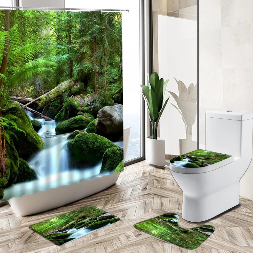 

3D Waterfall Forest Scenery Waterproof Shower Curtain Set Green Natural Landscape Bathroom Non-Slip Pedestal Rug Toilet Cover