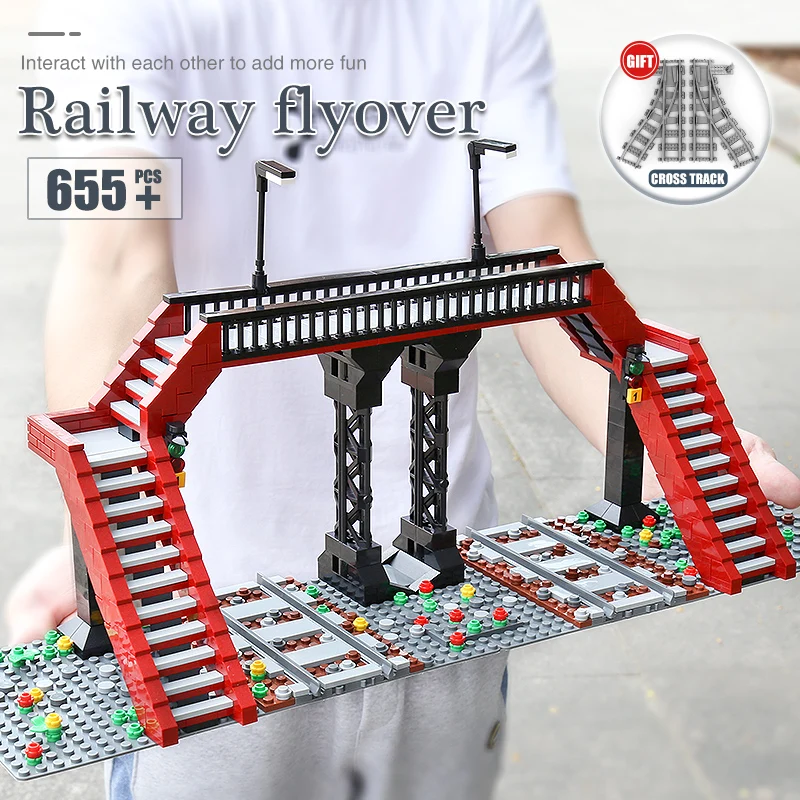 

MOULD KING 12008 MOC Railway Set with Railroad Crossing Model Building Blocks Bricks Educational Toys For Boys DIY Birthday Gift