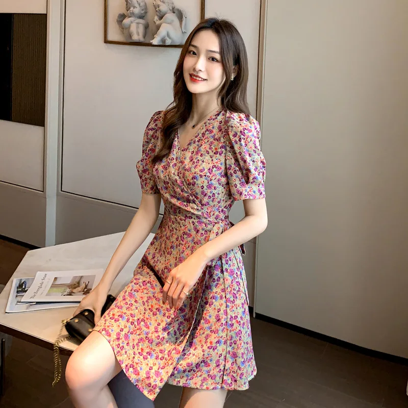 

GOOHOJIO 2021 Summer New Vacation Split Fork Ladies Dress Temperament Print Floral Women Dresses V-Neck Chic Dresses for Women