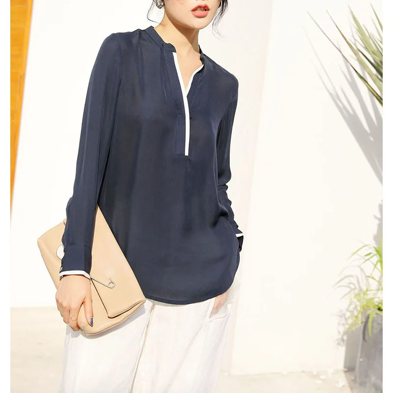Женская тонкая рубашка с длинным рукавом темно синяя Повседневная блузка из