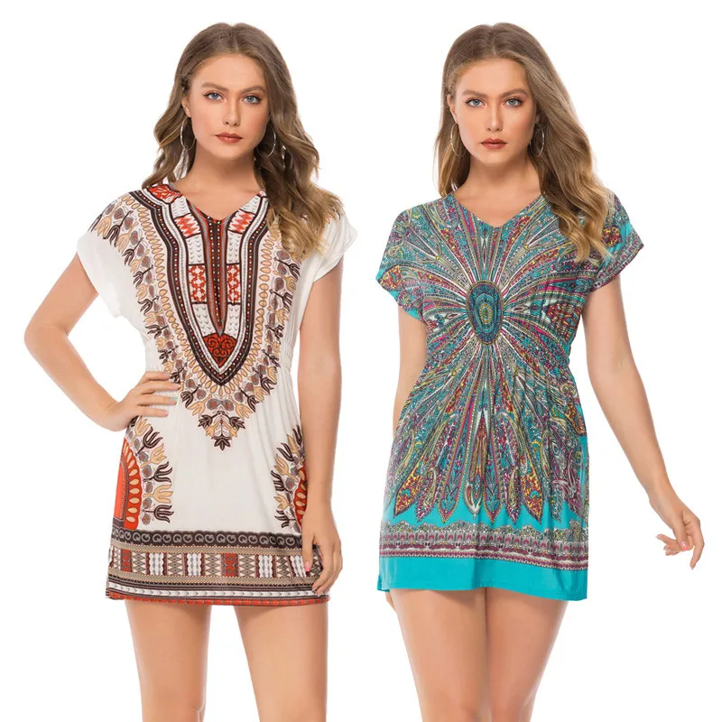 Женская короткая пляжная туника с запахом богемное летнее платье цветочным