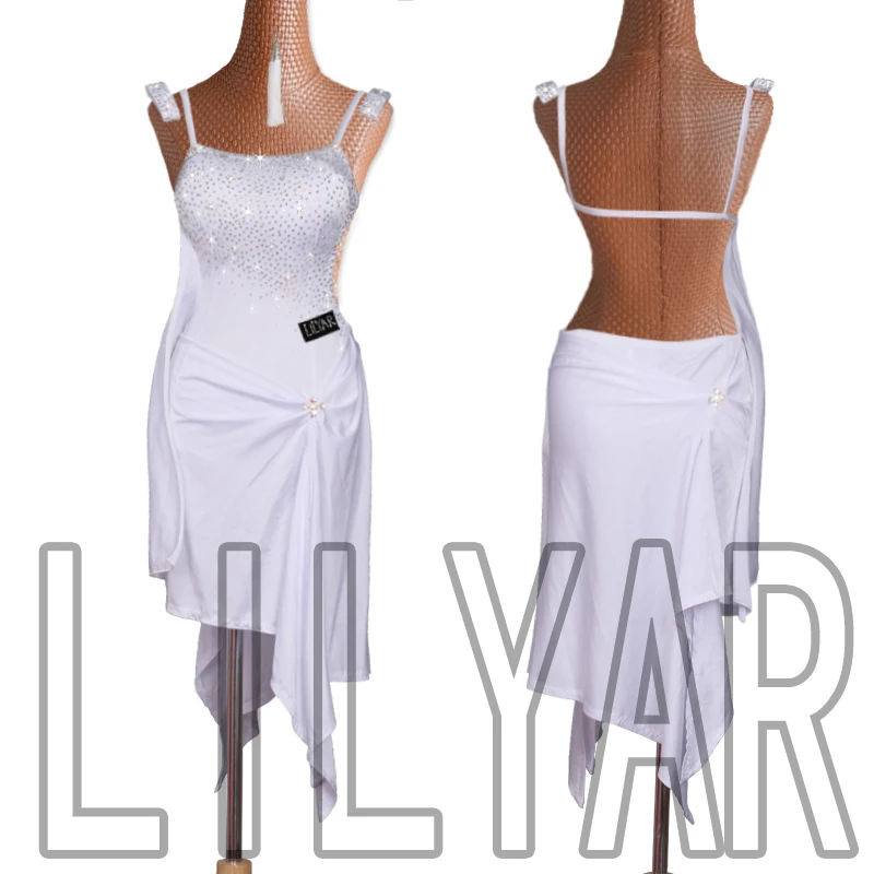 

Юбка для латиноамериканских танцев, белая вечерняя юбка без рукавов, с открытой спиной, со стразами, на заказ