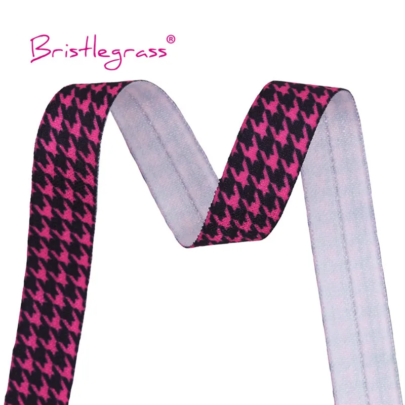 

BRISTLEGRASS 2 5 Yard 5/8" 15mm Pink Houndstooth Print FOE Fold Over Elastics Spandex Satin Band Tape Hair Tie Dress Sewing Trim