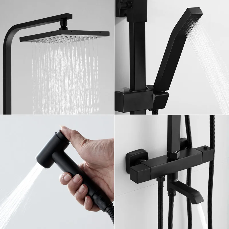 Black Thermostatic Shower Faucet Set Rainfall Multiple Types Long Spout Bathtub Tap With High Spray Bathroom Fauct | Обустройство