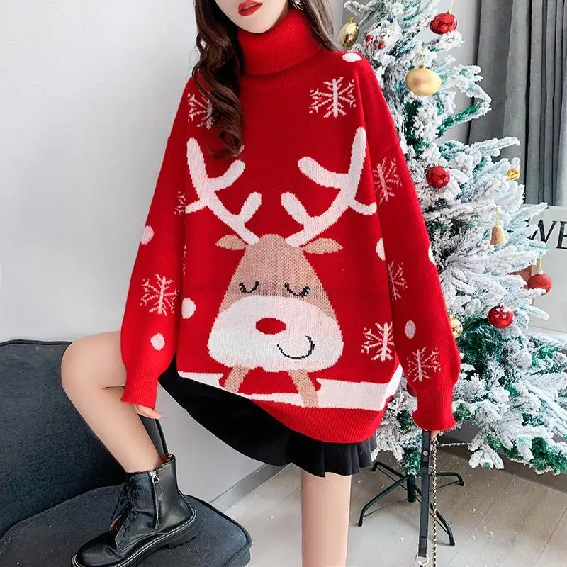 

Christmas Deer High Neck Sweater Women's Autumn And Winter New Fashion Leisure Loose Korean Women Medium And Long Sweater