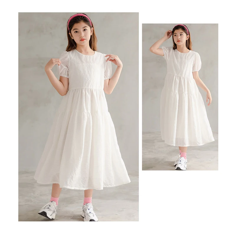 

White Christmas Long Dress Age For 4 - 14 Years Teenage Girl Simple Party Evening Gowns 2021 New Summer Short Sleeve Kids Frocks
