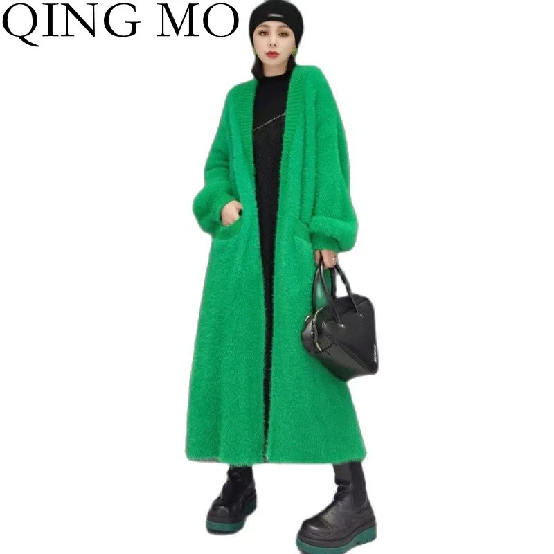 

Женский длинный кардиган QING MO, Однотонный свитер, ветровка свободного покроя из норкового кашемира, вязаная женская куртка, осень 2021