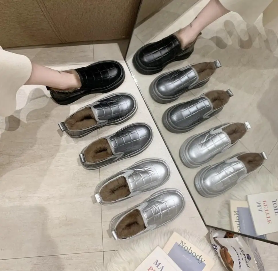 

2021Fashion Women Shoes Warm Plush Fur Flat Loafers Winter Female Slip On Platform Casual Shoes Waterproof Snow Boots Footwear