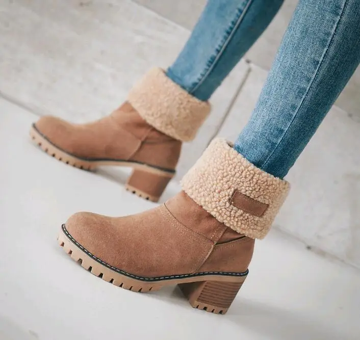 

Women Boots Female Winter Shoes Woman Fur Warm Snow Boots Fashion Square High Heels Ankle Boots Black Green Boots fgb678