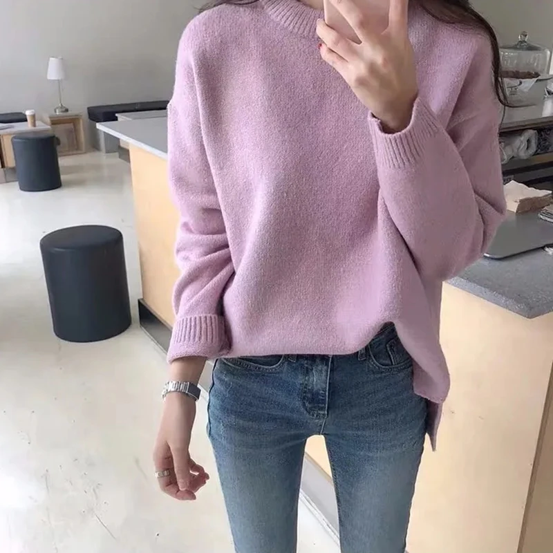 

Solid Autumn Winter O-neck Yellow Knitted Sweater Women Korean Style Long Sleeve Warm Preppy Pullover Sweater Women Soft Sweater