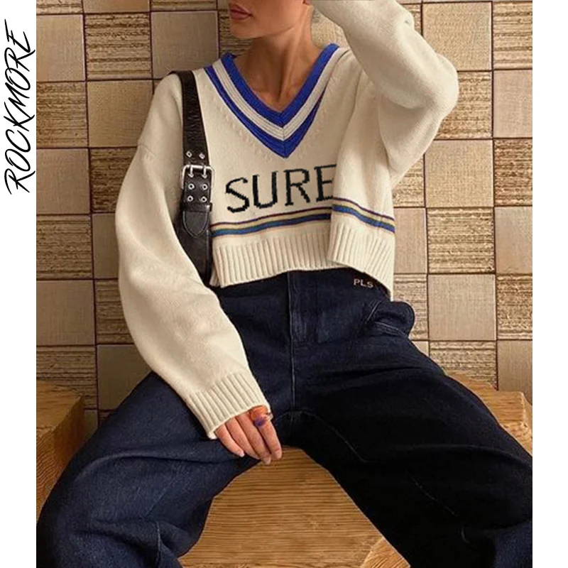 

Rockmore V Neck Striped Sweaters Women Y2K Streetwear Crop Pullovers Autumn Casual Knitted Long Sleeve Jumpers Vintage Knitwear