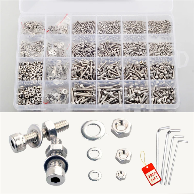 

304 Stainless Steel Hexagon Hex Socket Cap Head Screw Bolt Nut Flat Washers Set Assortment 404/1144/2104X M1.6 M2 M2.5 M3 M4 M5