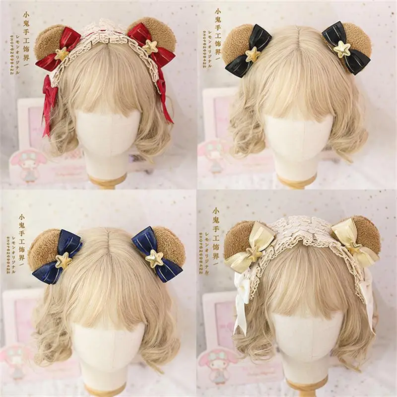 

Japanese Lolita Bear Ear Soft Girl Cute Dark Red Headband Hair Ornament Hair Pin KC Handmade Crown Bears Hair Band Headwear