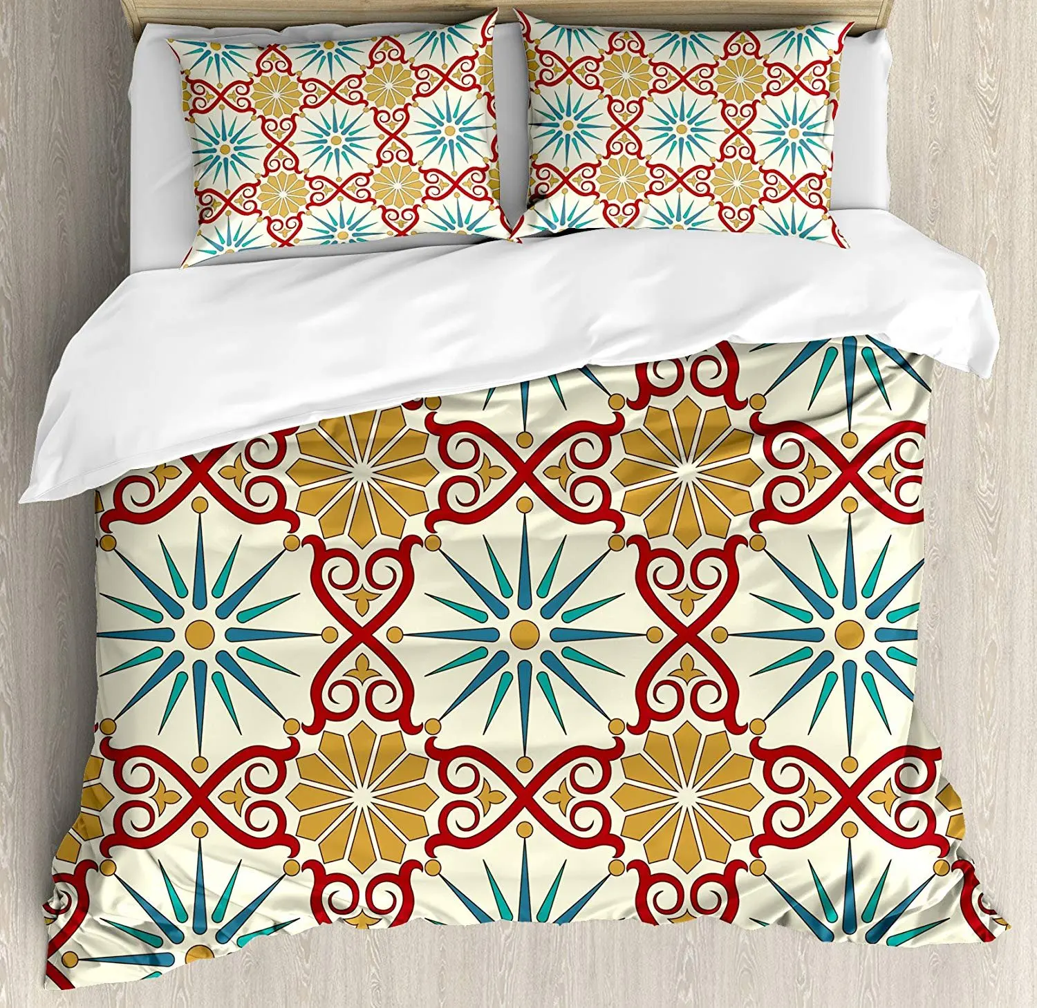 

Moroccan Bedding Set Eastern Sacred Geometry Art Figures with Classical Damask Ornate Elements Duvet Cover Pillowcase Bed Set