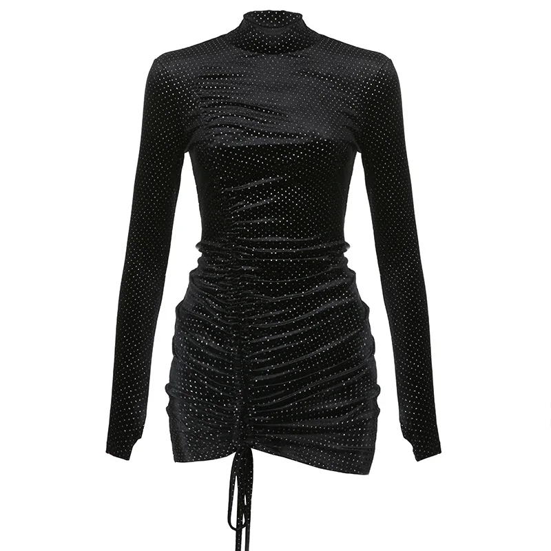 

Персонализированное платье с блестками на талии со складками и шнуровкой с высоким воротом и длинными рукавами