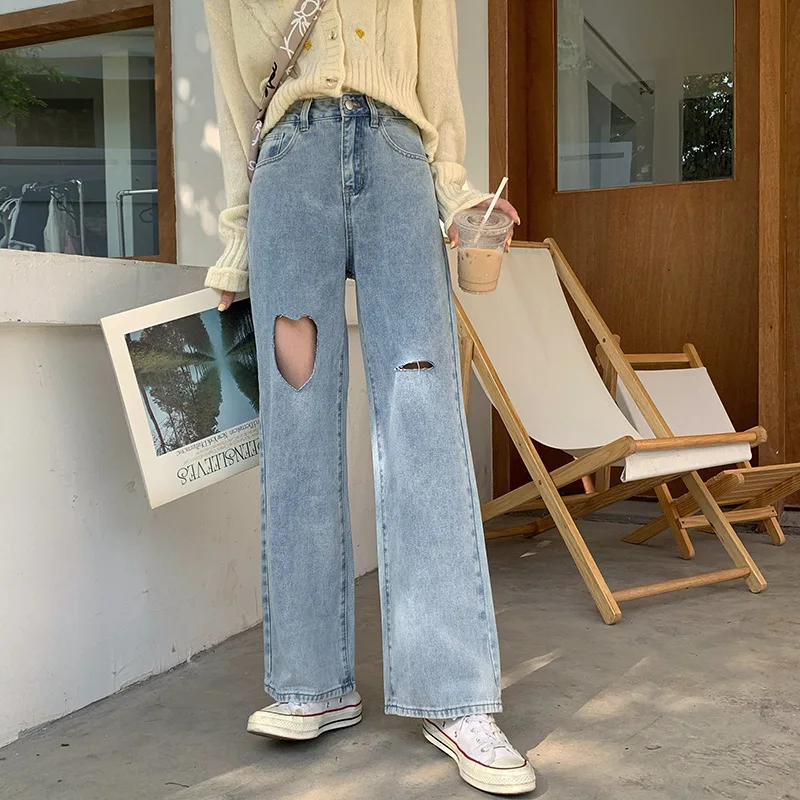 

New light-colored temperament ripped love jeans women's loose high-waisted wide-leg pants casual slim straight-leg pants women