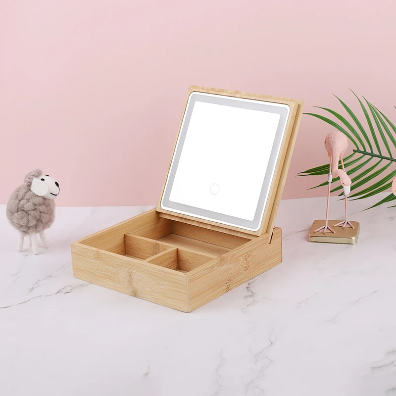 Натуральный Деревянный для косметики Органайзер с светодиодный свет макияж