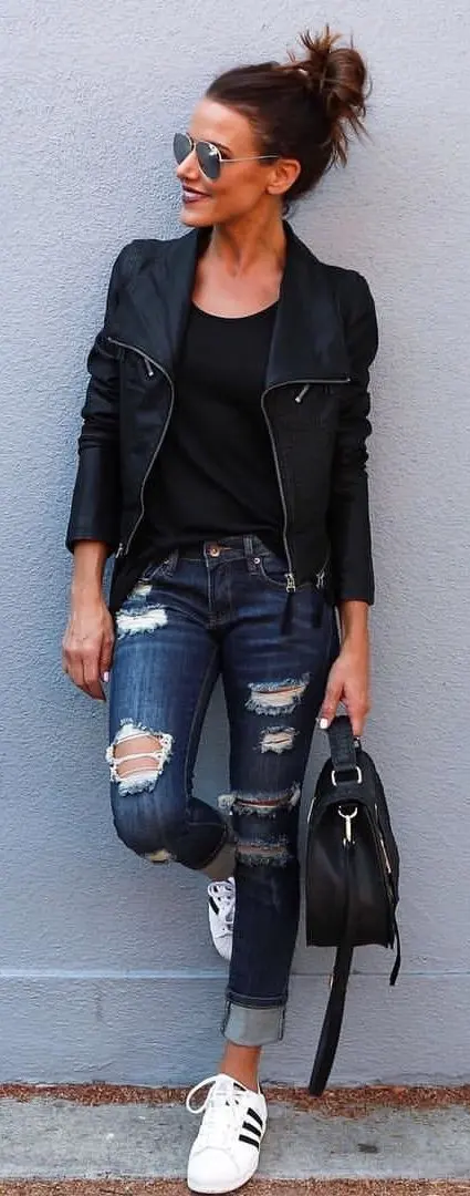 

Flanging hole slim cotton elastic bamboo pencil leg jeans