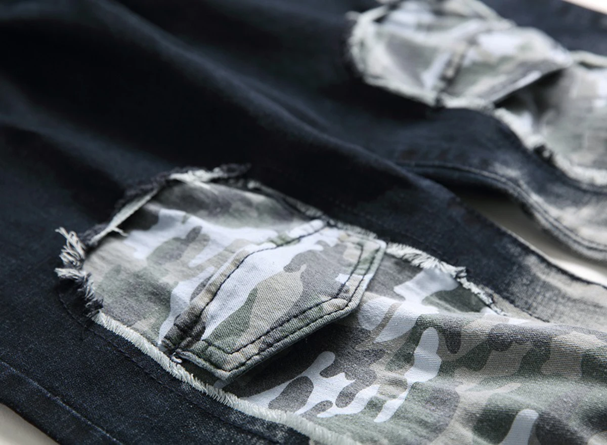 

2020 Nostalgic Jeans Men's Ripped Hole Colorblock Patch Decoration Trendy Pants Jeans Men's pants