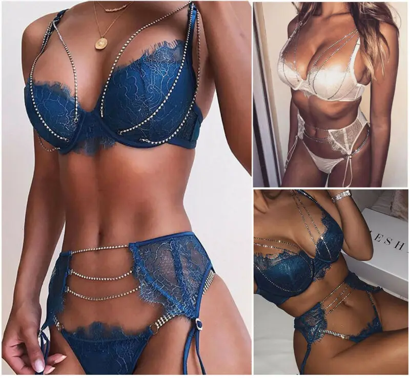 3 шт. женское сексуальное нижнее белье с кристаллами и цепочкой трусики стринги