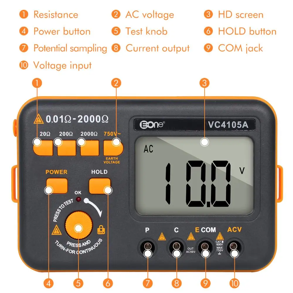 Цифровой измеритель сопротивления заземления EONE VC4105A тестер 750 Ом в измерение