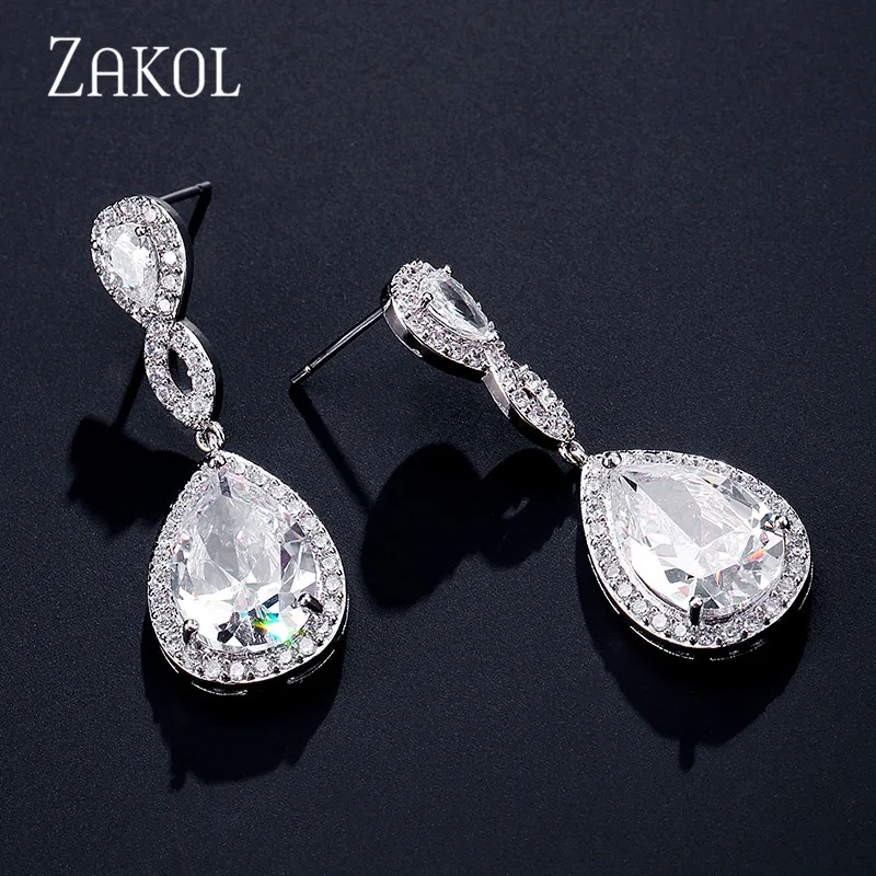 ZAKOL модные AAA + капли воды циркония Кристалл Висячие серьги Свадебные ювелирные