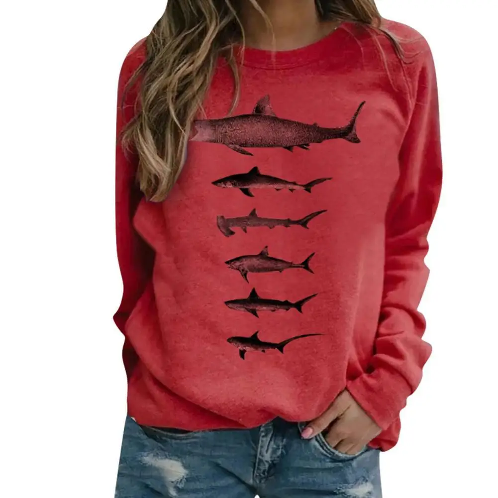 

HOT SALES!!! Autumn Women Casual Loose Pullover Blouse Long Sleeve Shark Print Sweatshirt