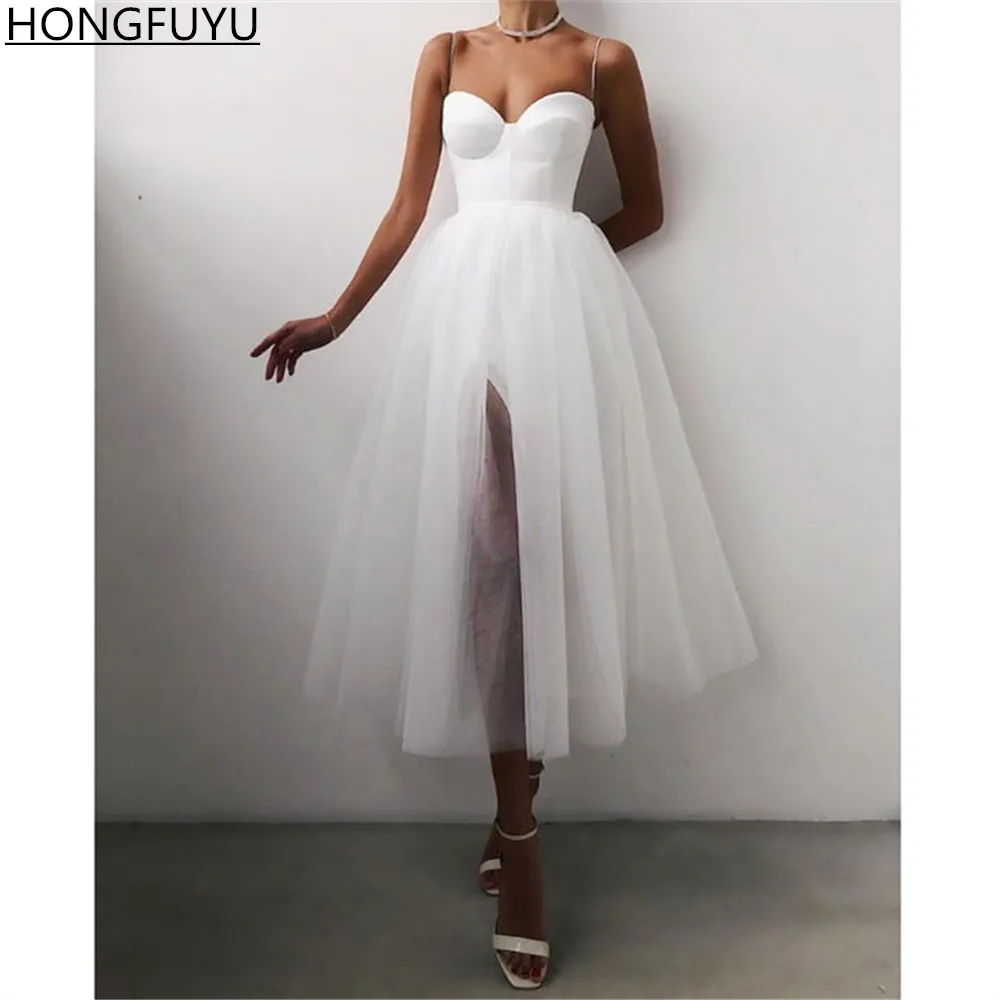 

HONGFUYU Spaghetti Straps A-line Tulle Cocktail Evening Dresses Black Tea Length vestidos de cocktail Short Prom Party Gowns