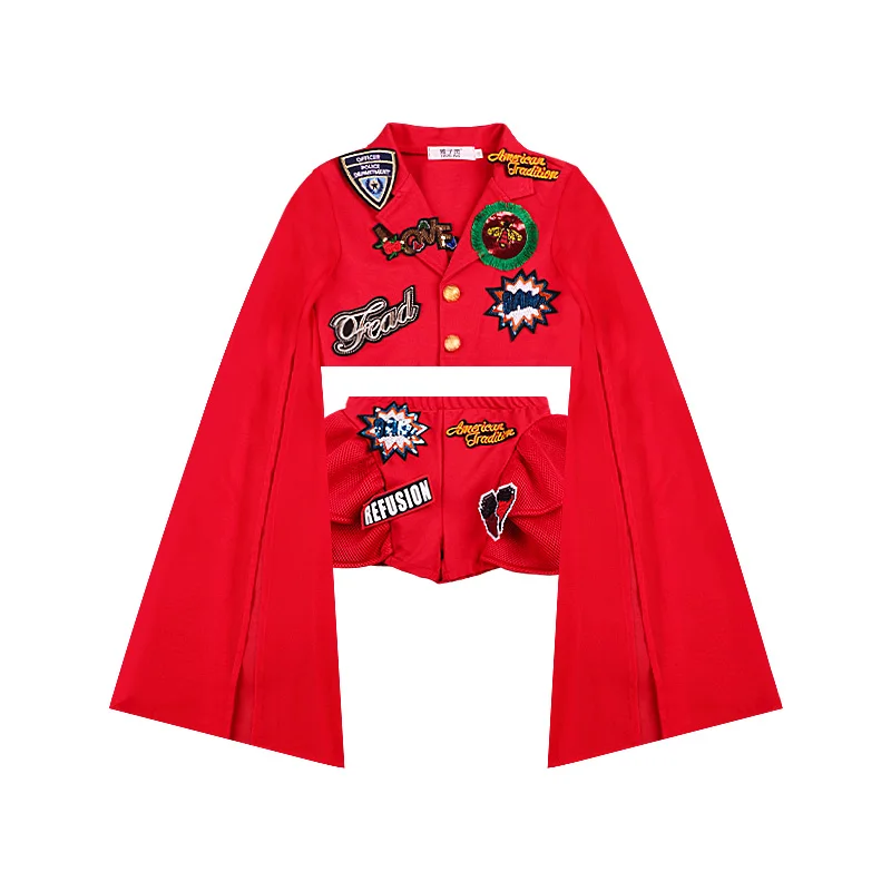

New Fashion Jazz Dance Costumes For Girls Red Big Sleeve Suit Kids Modern Hip-Hop Dancing Clothes Street Dance Clothing