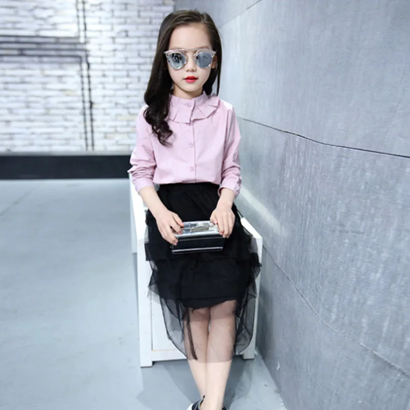Pink Blouse Белая школьная блузка для девочек-подростков; хлопковые однотонные детские блузки и рубашки с рюшами для малышей; детские изысканные Топы; одежда для детей 12-13 лет - Цвет: Pink Blouse