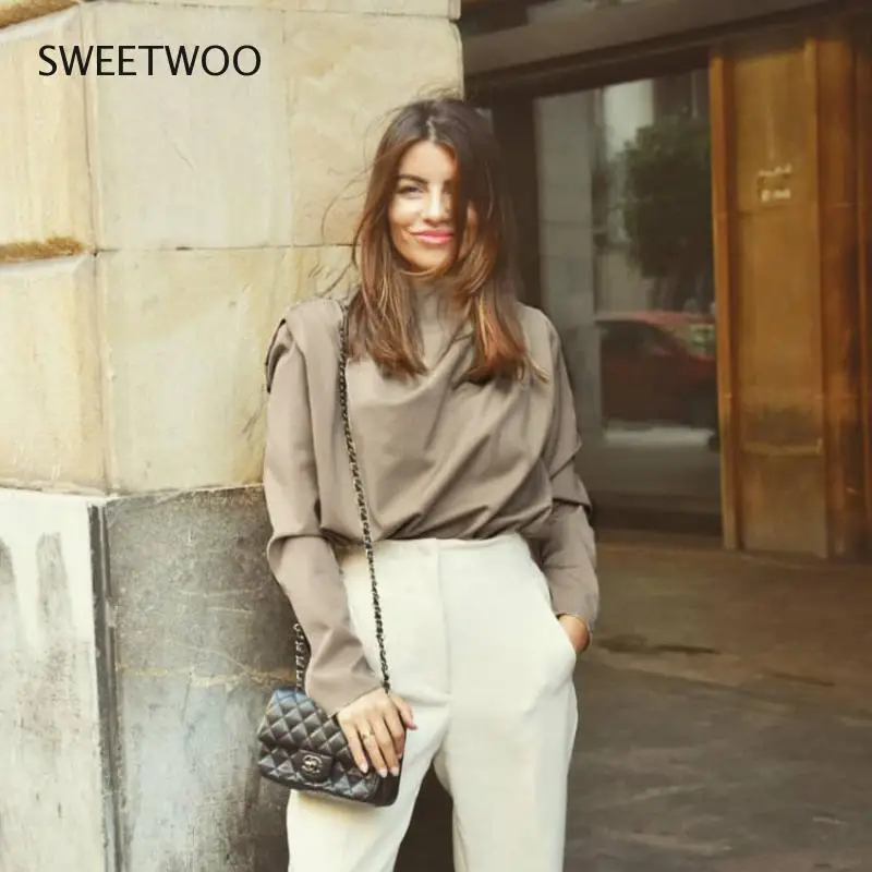 

Khaki Fashion Chic Draped Collar Women Blouse Woven Autumn Casual Shirt Casual Long Sleeve Elegant Fashion Ladies Tops
