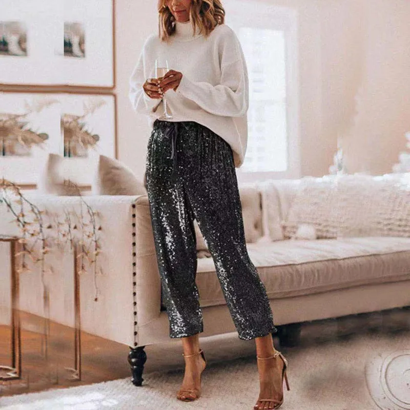 

Pants For Women 2020 Summer New Fashion Sequined Shining Loose Full Pants Women High Waist Club Night Lady Wide Leg Trousers
