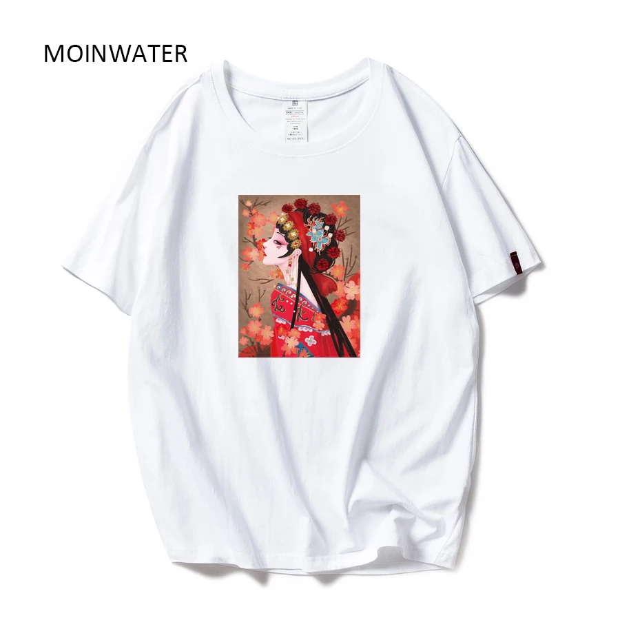 

MOINWATER Lady New Classical Cotton T shirts Women Casual Tees Short Sleeve Peking Opera Print White Black Tshirt Tops MT1984