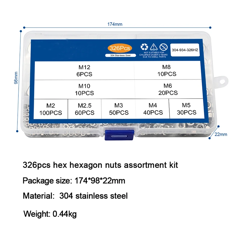 

326pcs Hex Hexagon Nuts Assortment Kit M2 M2.5 M3 M4 M5 M6 M8 M10 M12 Stainless Steel Metric Hex Nuts Set DIN934
