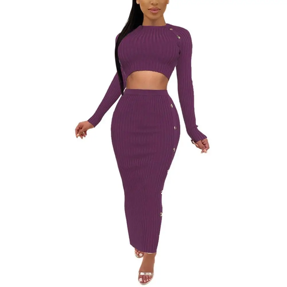 

Женский комплект из 2 предметов, элегантный однотонный пикантный короткий топ с длинным рукавом и вязаная юбка на пуговицах для отдыха, женс...