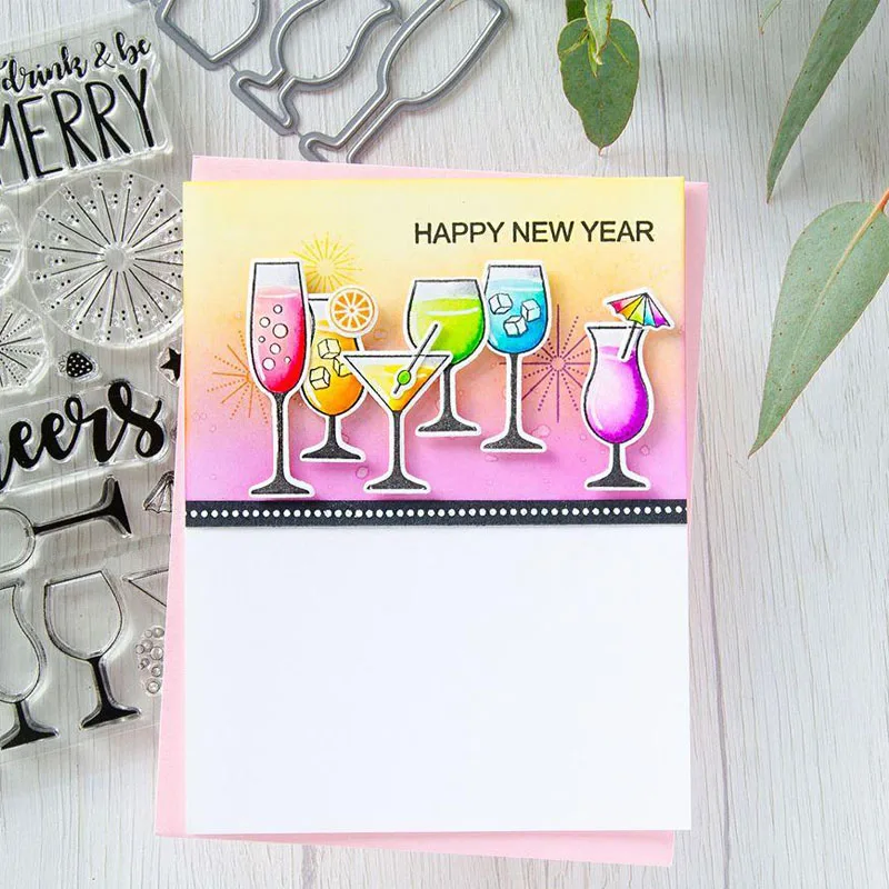 Eat Drink &amp Be Merry Clear Stamp + высечка шампанского Новогодний талон и штампы 2020 для