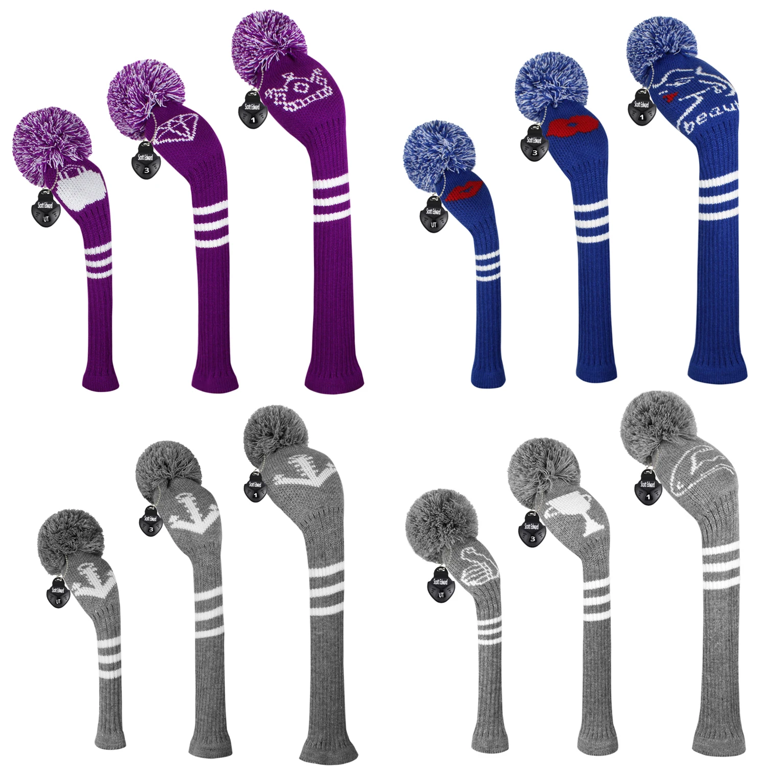 Вязаный головной убор для гольфа фиолетового цвета набор из 3 предметов