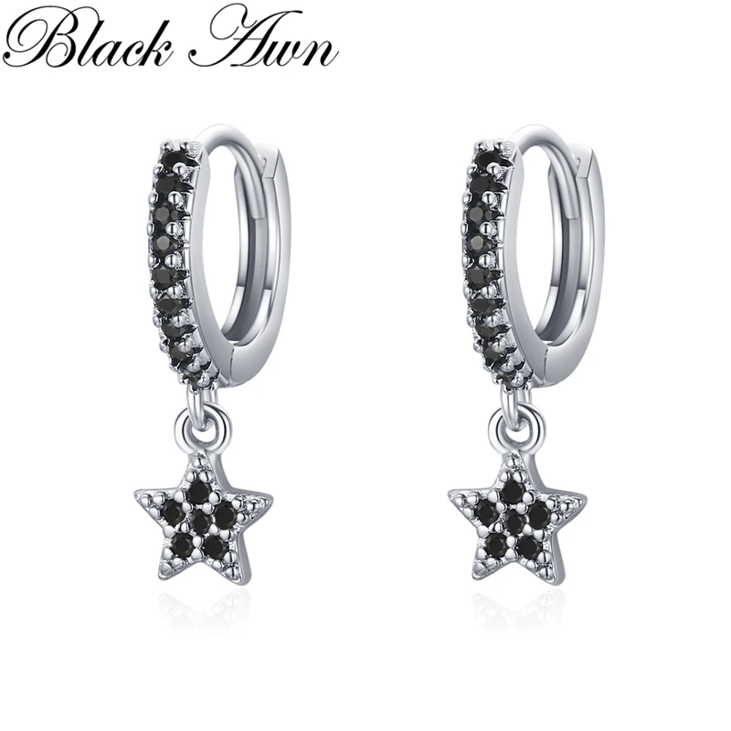 

Black Awn Star Hoop Earrings for Women Classic Silver Trendy Spinel Engagement Fashion Jewelry I224