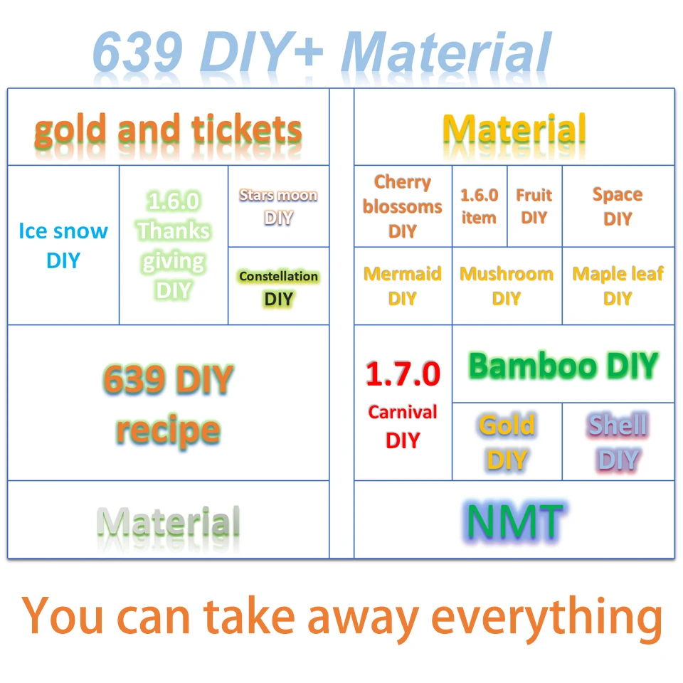 

Animal Crossing New Horizons 639 Diy Recipes/Fruit/Xingyue/Mushroom/Mermaid/Maple Leaf/Gold/Autumn Series Dodo Code Service