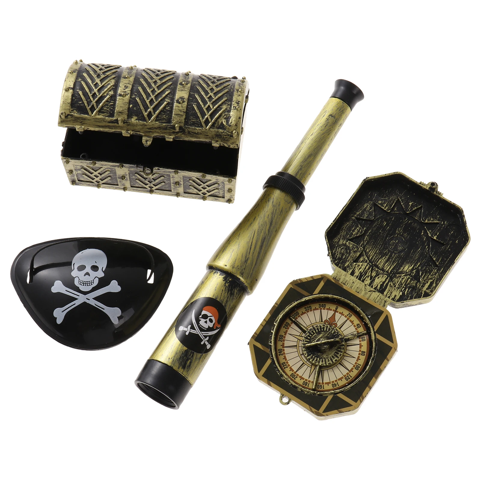 

DIY Child's Pirate Eye Patch Skull Telescope Compass Treasure Chest Box Dress Up Prop Pirate Toy Set Halloween Theme Party Decor