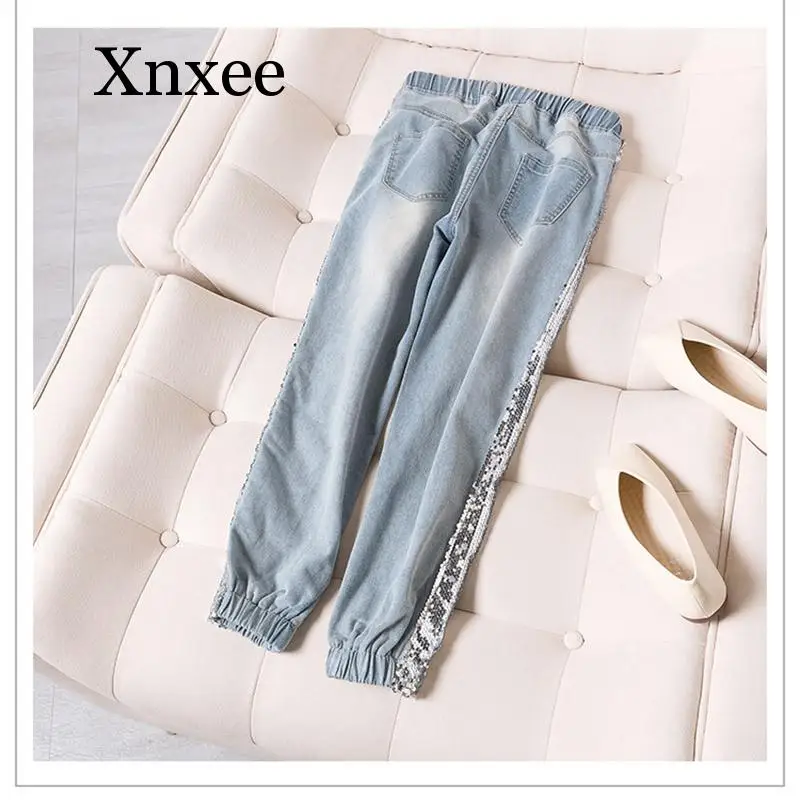 Женские джинсы в стиле оверсайз 80 кг с эластичным поясом и блестками | Женская