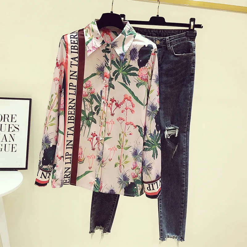 

2021 INS Trend Floral Print Chiffon Blouse Office Lady Casual Shirt Letters Cuff Lace Up Polo Collar Tops Women Freeshipping