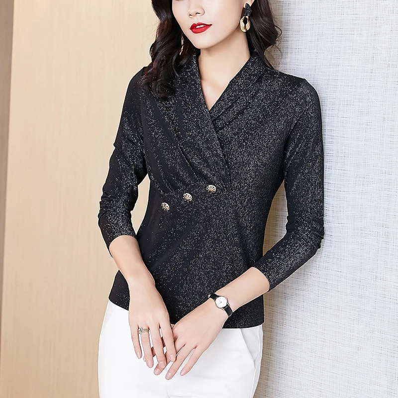 

Осенняя сетчатая женская футболка с длинным рукавом, женские облегающие футболки, свободные женские топы, офисные женские футболки, элеган...