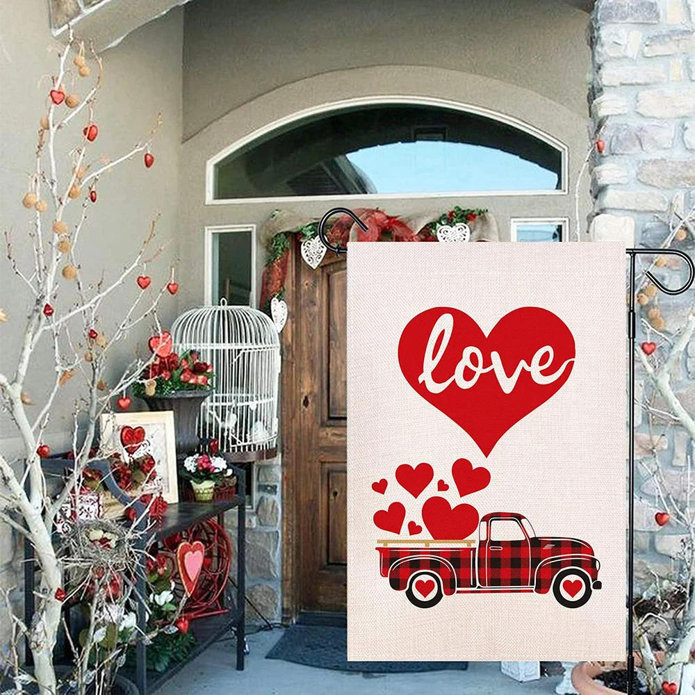 

Eco Garden Flag for Valentine's Day Double Sided Buffalo Plaid Red Truck with Love Heart Burlap Yard Flag 12.5 x 18 Inch ds99