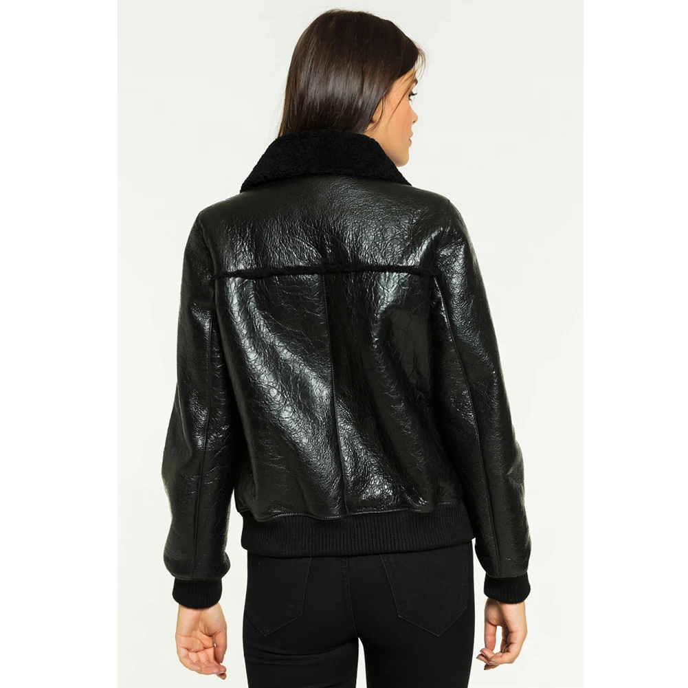 2019 New Womens Black Shearling Jacket Turkey Sheepskin Coat College Outwear Short Leather Jacket Fur Coat