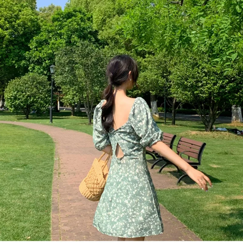 

Women's Cottagecore Dress Summer Green Floral Fairy Dress Sweet Sexy Mini Bodycon Square Collar Shorts Sleeve A-Line Dresses New