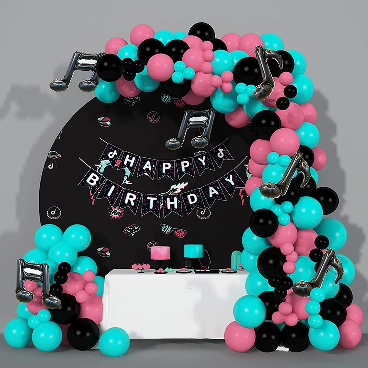 

140 Pcs Blue, Red And Black Musical Notes Aluminum Mold Balloon Arch Set Vibrato Pull Flag Music Theme Birthday Party Decoration